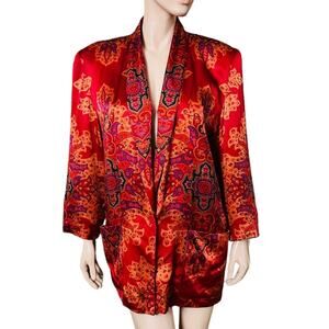 Vintage 80s Liz Claiborne Satin Red-Damask Print Jacket Sz 10 Long Sleeves